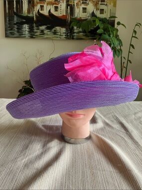 📣LAST ONE‼️ Elegant Purple Wide-Brim Hat with Pink Floral Accent